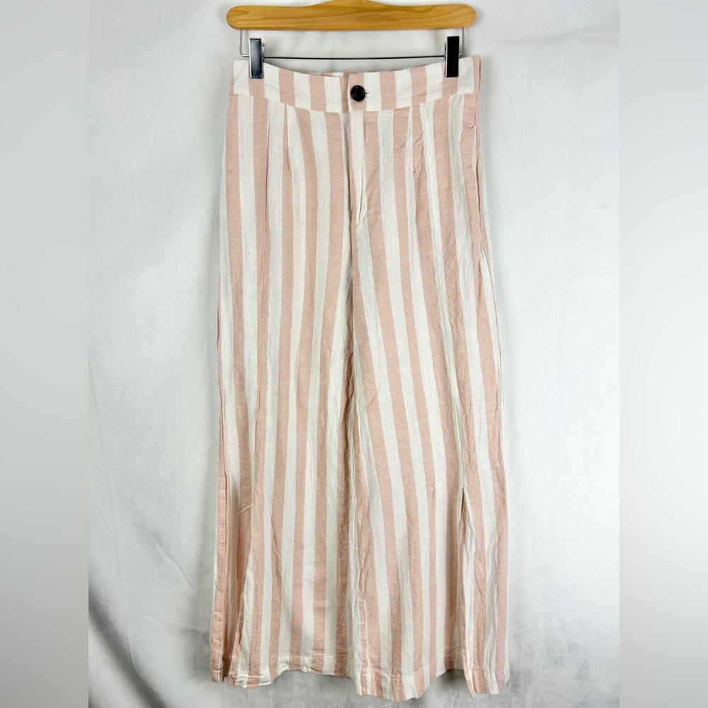 LINEN LUX Linen Blend Flowy Wide Leg Striped Pants‎ Size Med Pink White Coastal